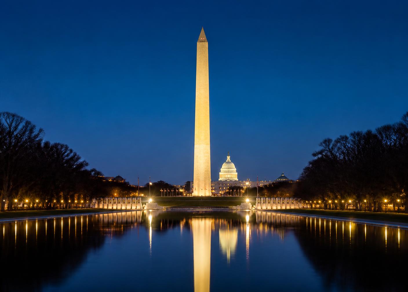 Washington Monument and United States Capitol reflected in the National Mall reflecting pool at twilight