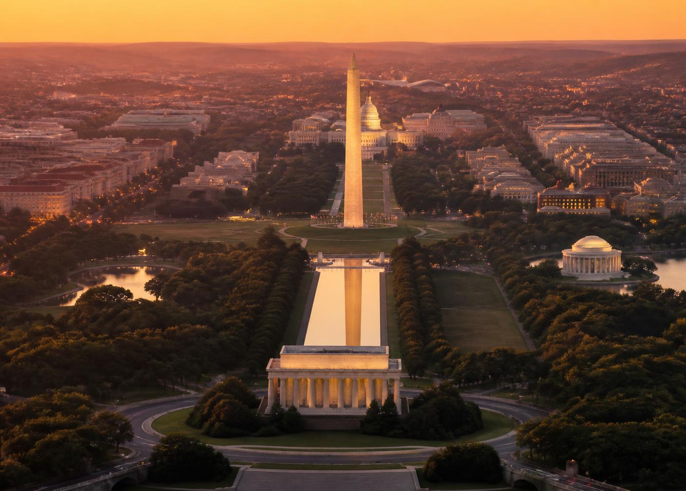 Aerial view of the Washington Monument, Lincoln Memorial, Jefferson Memorial, and United States Capitol along the National Mall